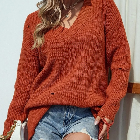 Distressed V-Neck Rib-Knit Sweater - Picture 2 of 2